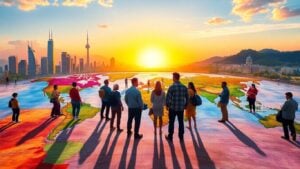 People on world map among city and rural backgrounds