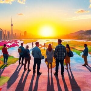People on world map among city and rural backgrounds
