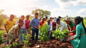 People collaborating on global poverty eradication efforts.