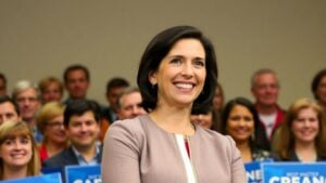 Rep. Angie Craig smiles with a supportive crowd behind her.