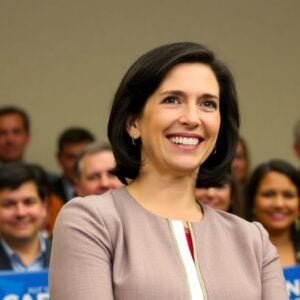 Rep. Angie Craig smiles with a supportive crowd behind her.