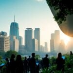 Modern cityscape with diverse people and digital interfaces.