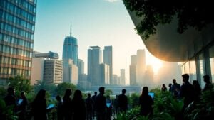 Modern cityscape with diverse people and digital interfaces.