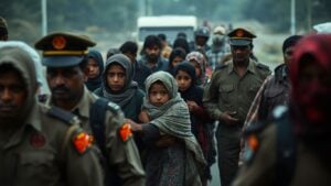 Refugees escorted by officials, conveying displacement and urgency.