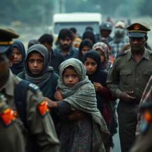 Refugees escorted by officials, conveying displacement and urgency.