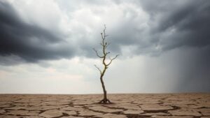 Cracked earth and wilting sapling under stormy sky.