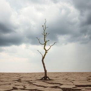 Cracked earth and wilting sapling under stormy sky.