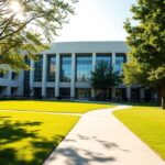 Modern university building with green lawns and trees.
