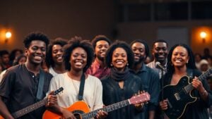 Nigerian musicians with instruments on a stage.