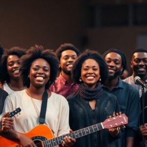 Nigerian musicians with instruments on a stage.