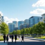 Sustainable urban future with modern buildings and green spaces.