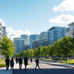 Sustainable urban future with modern buildings and green spaces.