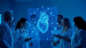 Medical professionals interacting with futuristic digital health display.