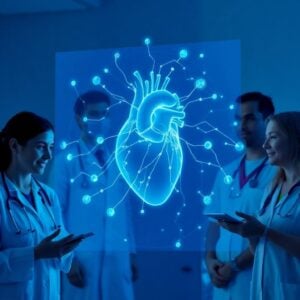 Medical professionals interacting with futuristic digital health display.