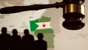 Gavel striking map of Palestine, shadowy figures.