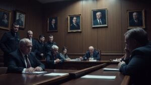 Belarusian courtroom with anxious lawyers and security officers