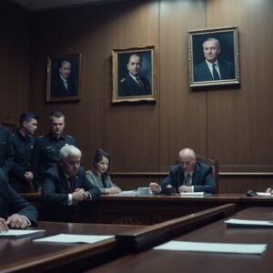 Belarusian courtroom with anxious lawyers and security officers
