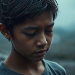 Young person looking down, isolated.