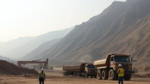 Copper mine in arid Pakistan landscape with workers and machines