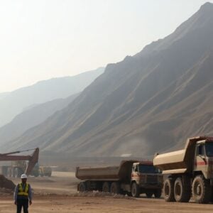 Copper mine in arid Pakistan landscape with workers and machines