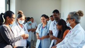 Healthcare workers assisting patients in a clinic.