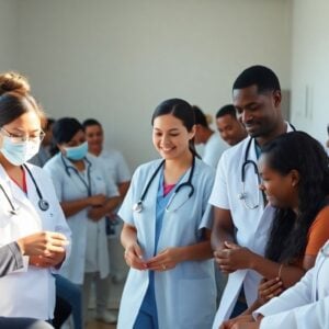 Healthcare workers assisting patients in a clinic.