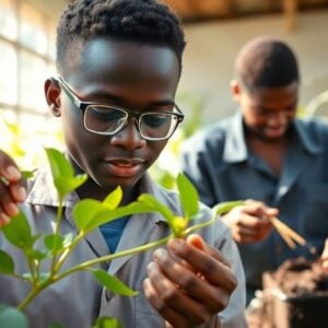 Nigerian scientists working with plants and soil in a lab.