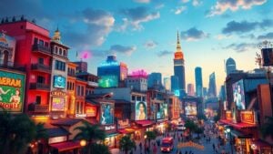 Colorful cityscapes with diverse architecture and cultural elements.