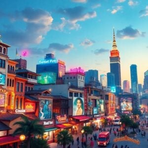 Colorful cityscapes with diverse architecture and cultural elements.