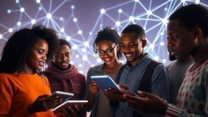 Young Africans learning cybersecurity with digital interfaces.