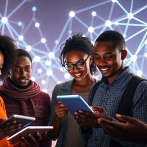 Young Africans learning cybersecurity with digital interfaces.