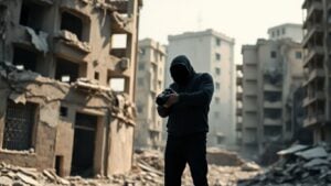 Journalist in shadows against destroyed buildings.