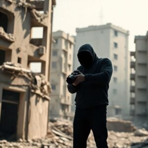 Journalist in shadows against destroyed buildings.