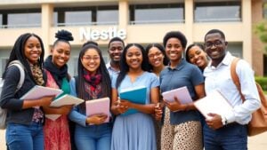 Young scholars smiling with Nestle Nigeria building.