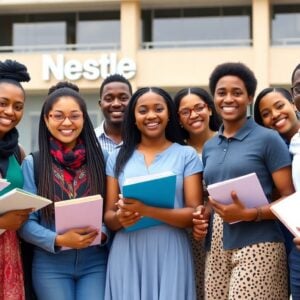 Young scholars smiling with Nestle Nigeria building.