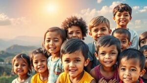 Children from diverse global backgrounds in varied landscapes.