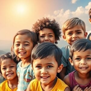 Children from diverse global backgrounds in varied landscapes.