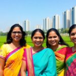 Indian families outdoors with fields and city skyline