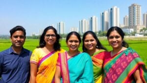 Indian families outdoors with fields and city skyline
