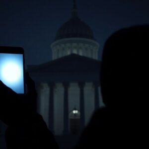 Egyptian government building with a person holding a glowing smartphone.