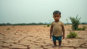 Child stands on cracked earth under polluted sky