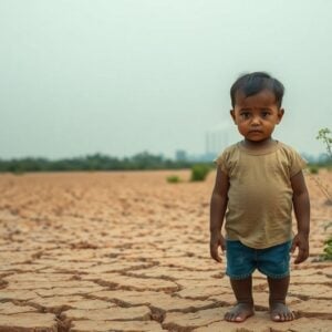 Child stands on cracked earth under polluted sky