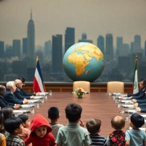 Empty seats at global summit with worried families nearby.