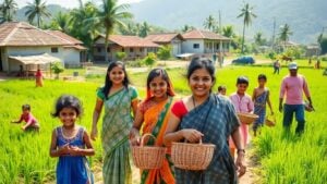 Happy Indian village families in lush green fields