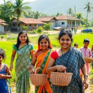 Happy Indian village families in lush green fields