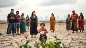Concerned people on dry land under gray clouds