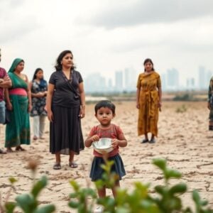 Concerned people on dry land under gray clouds