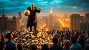 Billionaire atop money pile above struggling crowd