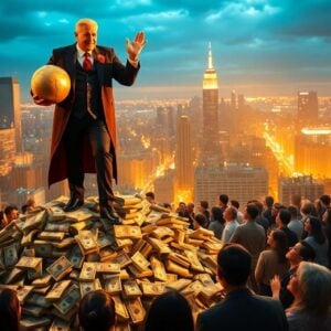 Billionaire atop money pile above struggling crowd