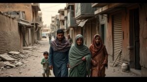 Afghan and Pakistani families walking down worn streets